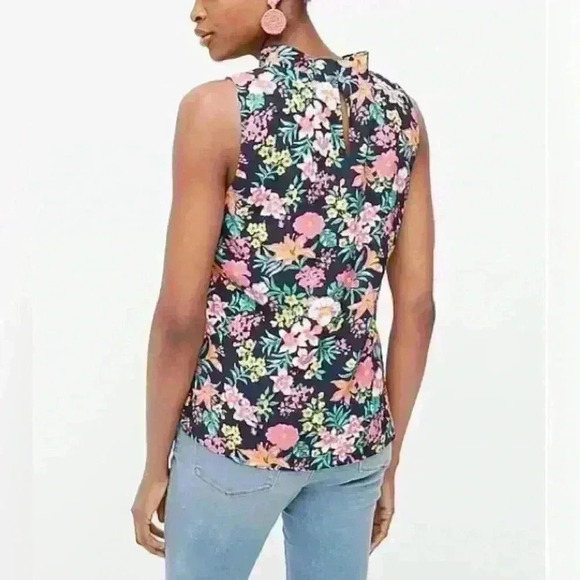 JCREW Ruffle Neck Sleeveless Floral Blouse in Navy, Pink, Green and Yellow - Picture 2 of 9